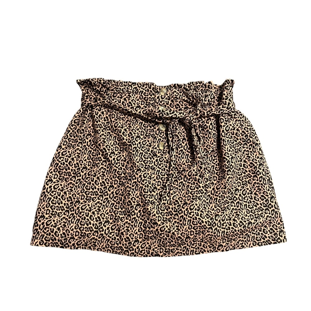 American Eagle Mini Skirt Womens L Tan Leopard Print Paperbag Waist Cotton Linen